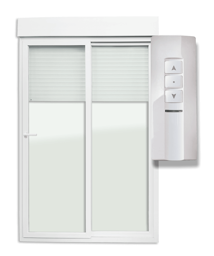 Porta de Correr de PVC com Persiana Integrada, Motor e Controle Remoto 2 Folhas