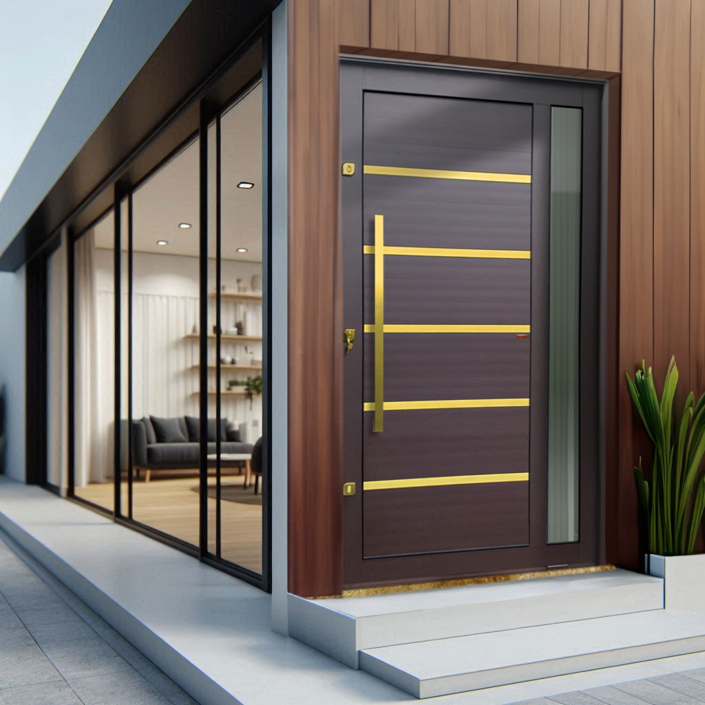 Porta Pivotante de Alumínio Miraggio c/Puxador Linha Elite corten dourado