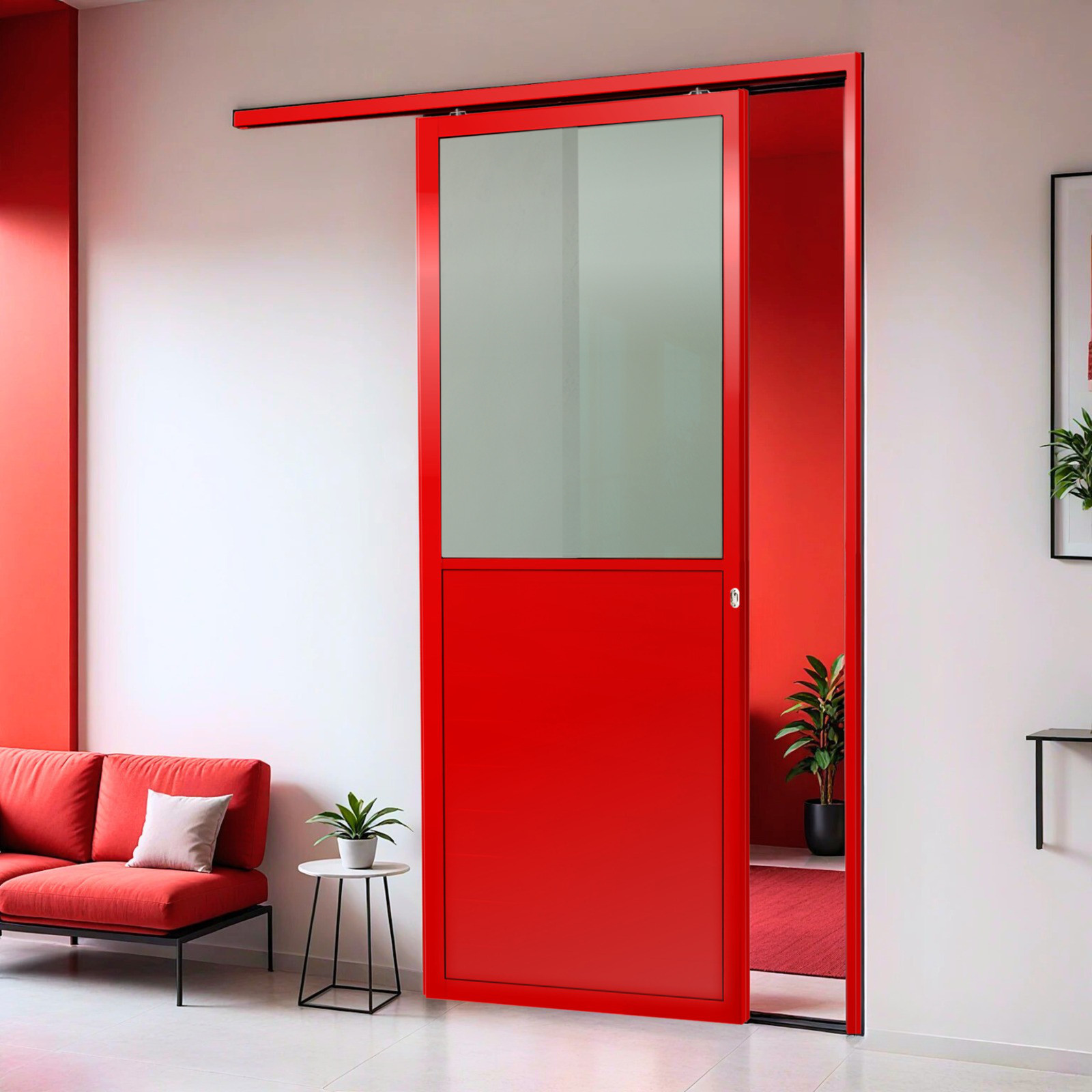 Porta de Alumínio Suspensa Meia Lambril Linha L-25 vermelho