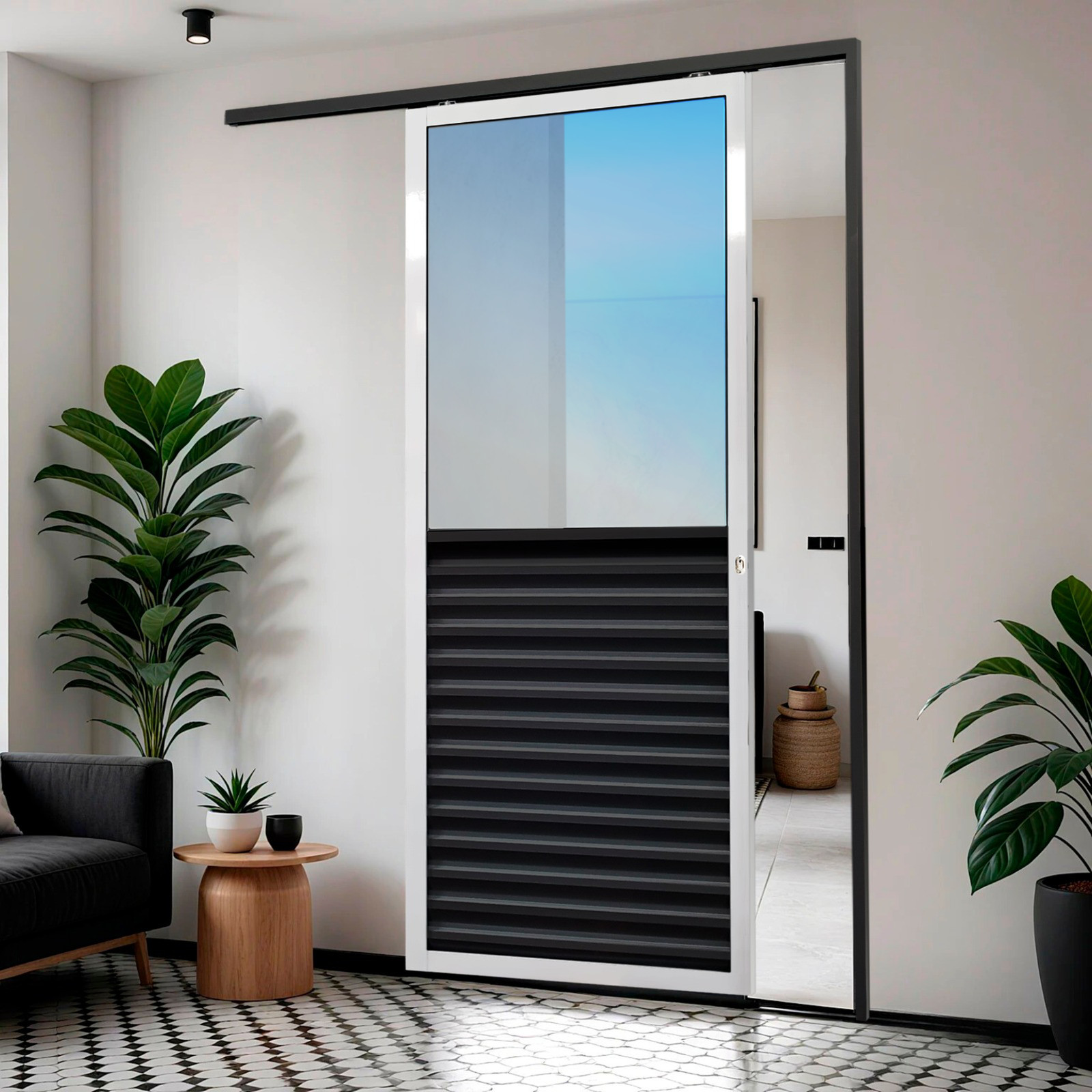 Porta de Alumínio Suspensa Meia Veneziana Linha L-25 mix preto