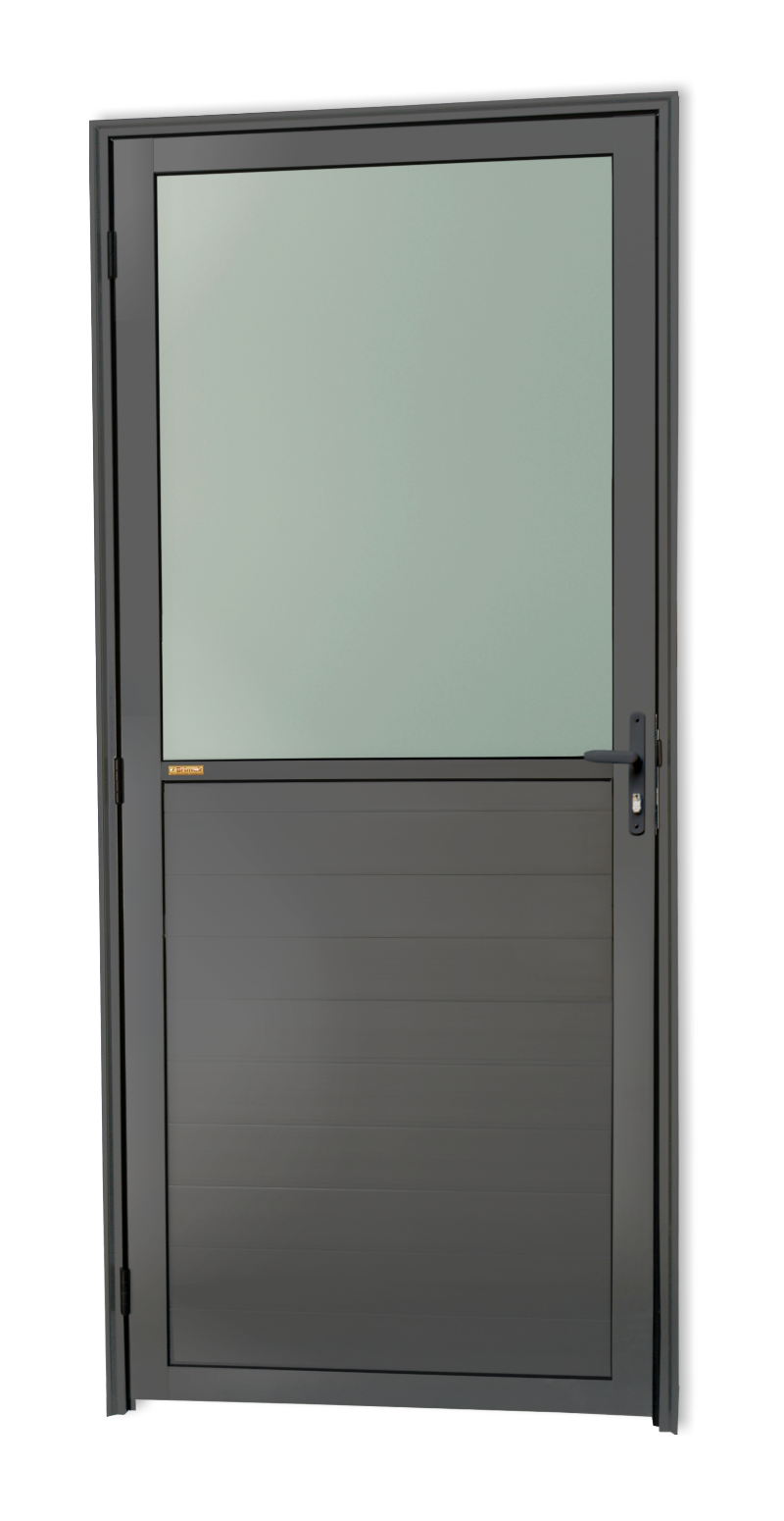 Porta de Alumínio Meia Lambril meia Vidrão Linha Super-25 Cinza